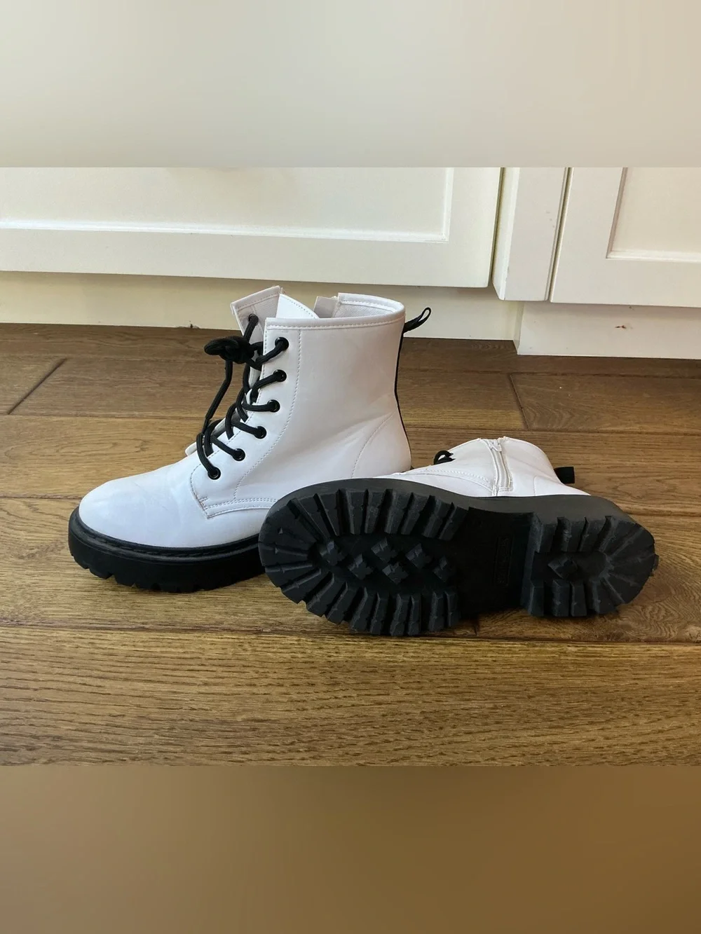 Steve Madden White Lace-Up Combat Boots with Black Lug Sole